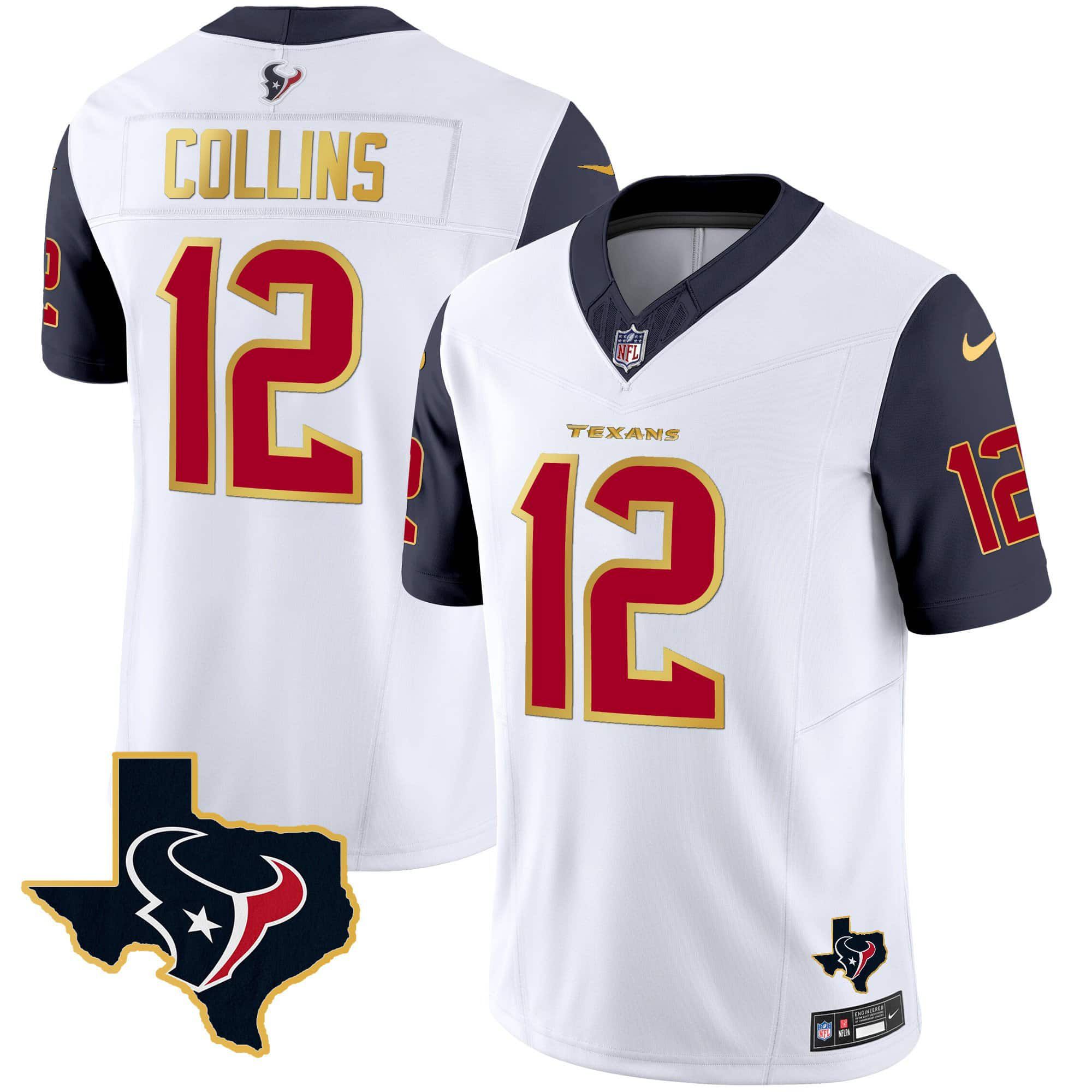 Men Houston Texans #12 Collins White Gold 2024 Nike Trim Vapor NFL Jersey style 1->indianapolis colts->NFL Jersey